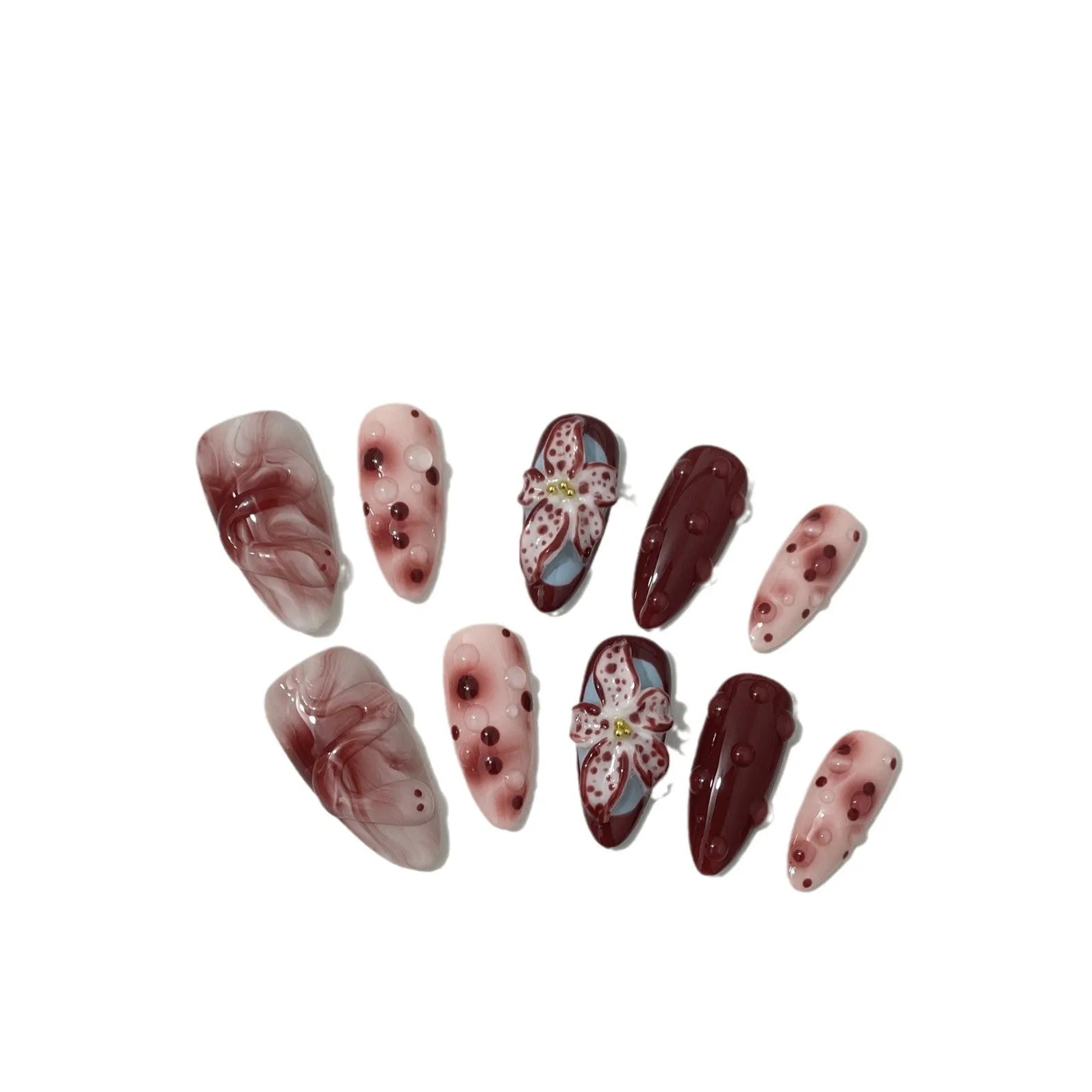 Set of almond-shaped false nails with hand-painted 3D rose and starry sky designs, showing ultra-thin edges.