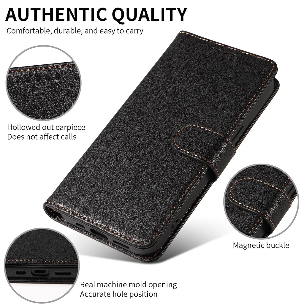 Samsung flip phone case in black with anti-theft swiping card holder and magnetic closure