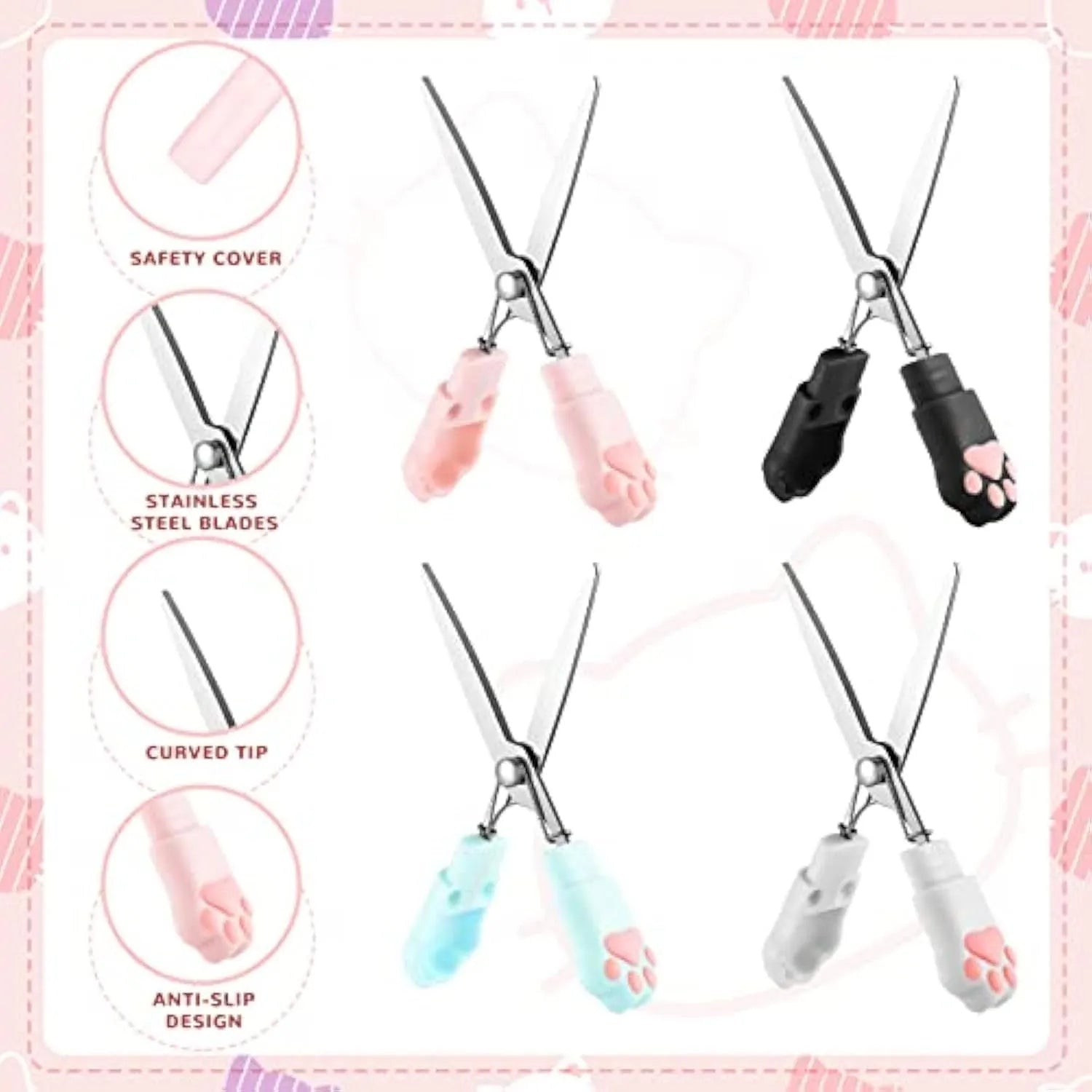 Set of four small folding scissors with cat paw handles in black, blue, pink, and white colours.