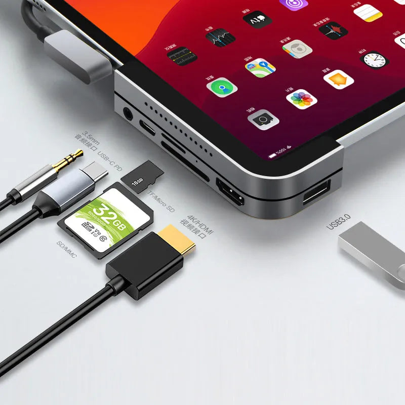 Silver aluminium grey USB-C docking station for iPad Pro with HDMI port and card reader