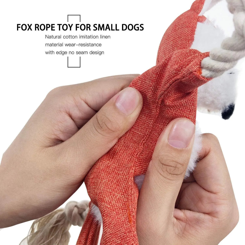 Brown fox dog toy with squeaker in head, crinkle body, and cotton rope arms and legs