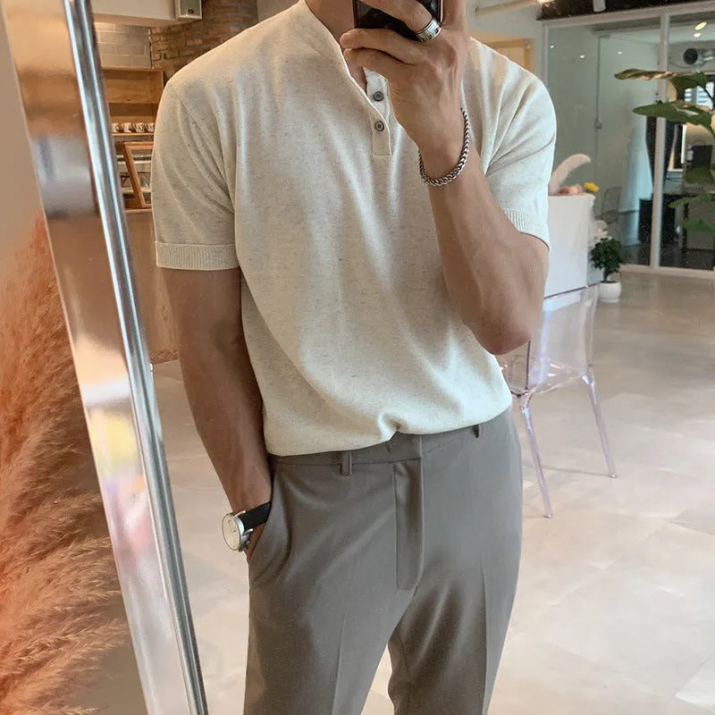 Men's slim-fit ice silk knitted shirt in black, khaki, or white with short sleeves for casual wear