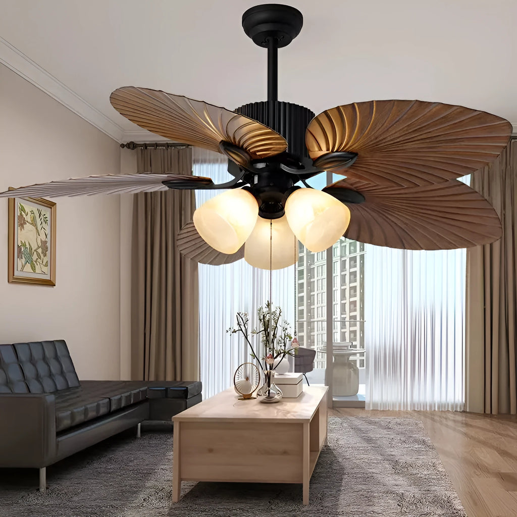 Retro-style ceiling fan light with wooden blades and integrated lighting fixtures