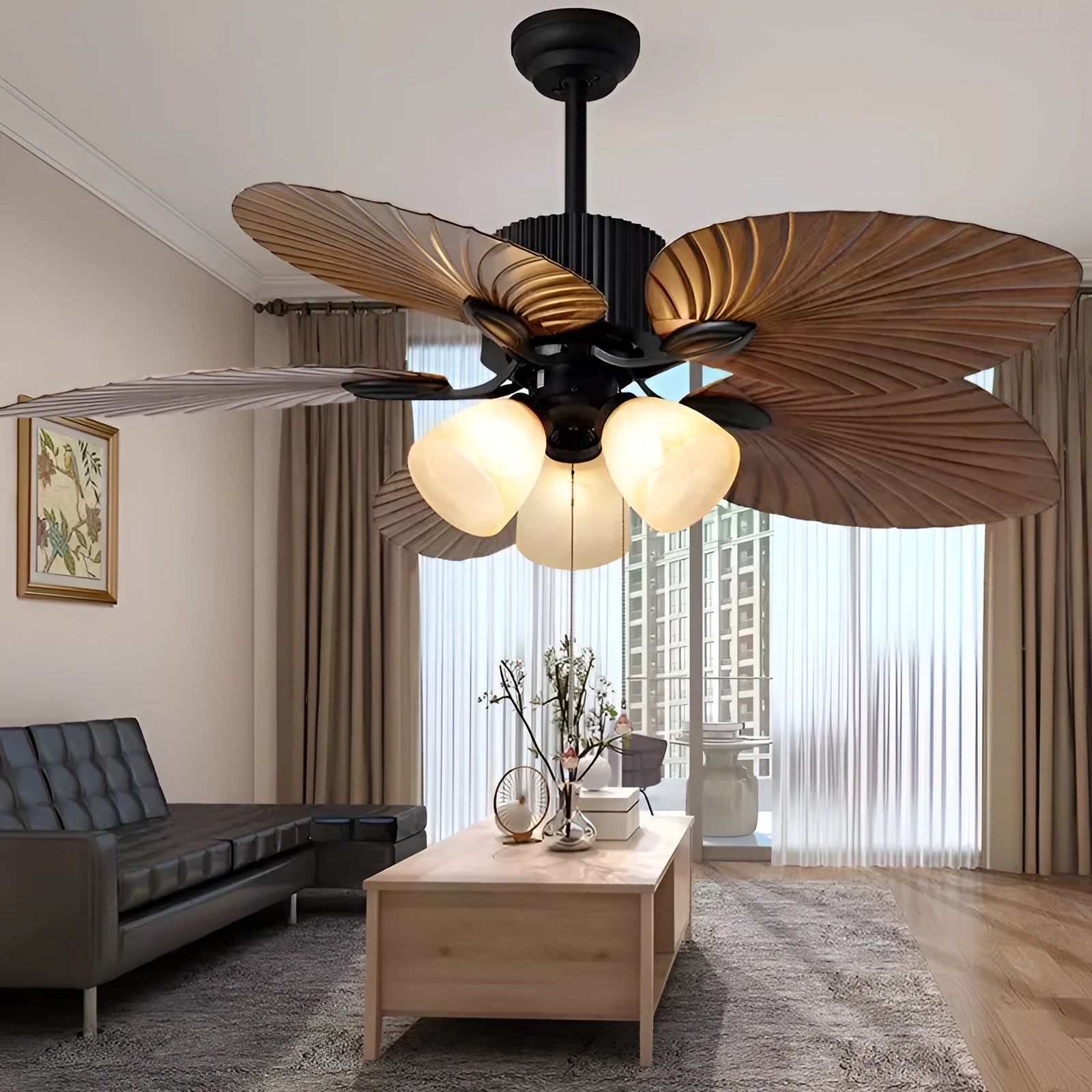 Retro-style ceiling fan light with wooden blades and integrated lighting fixtures