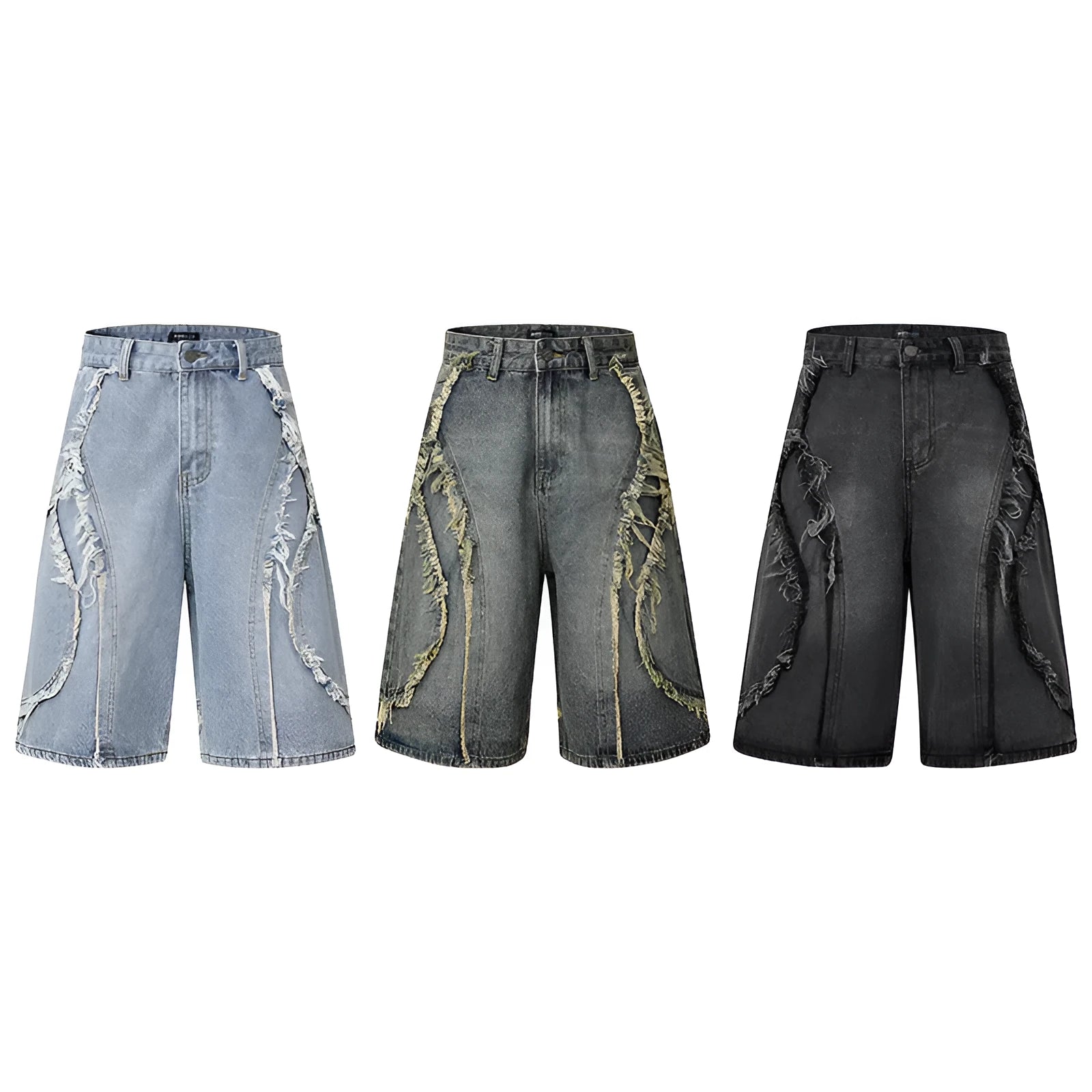 Distressed denim shorts with raw-edge hems in black, shown in a straight-leg cropped fit.