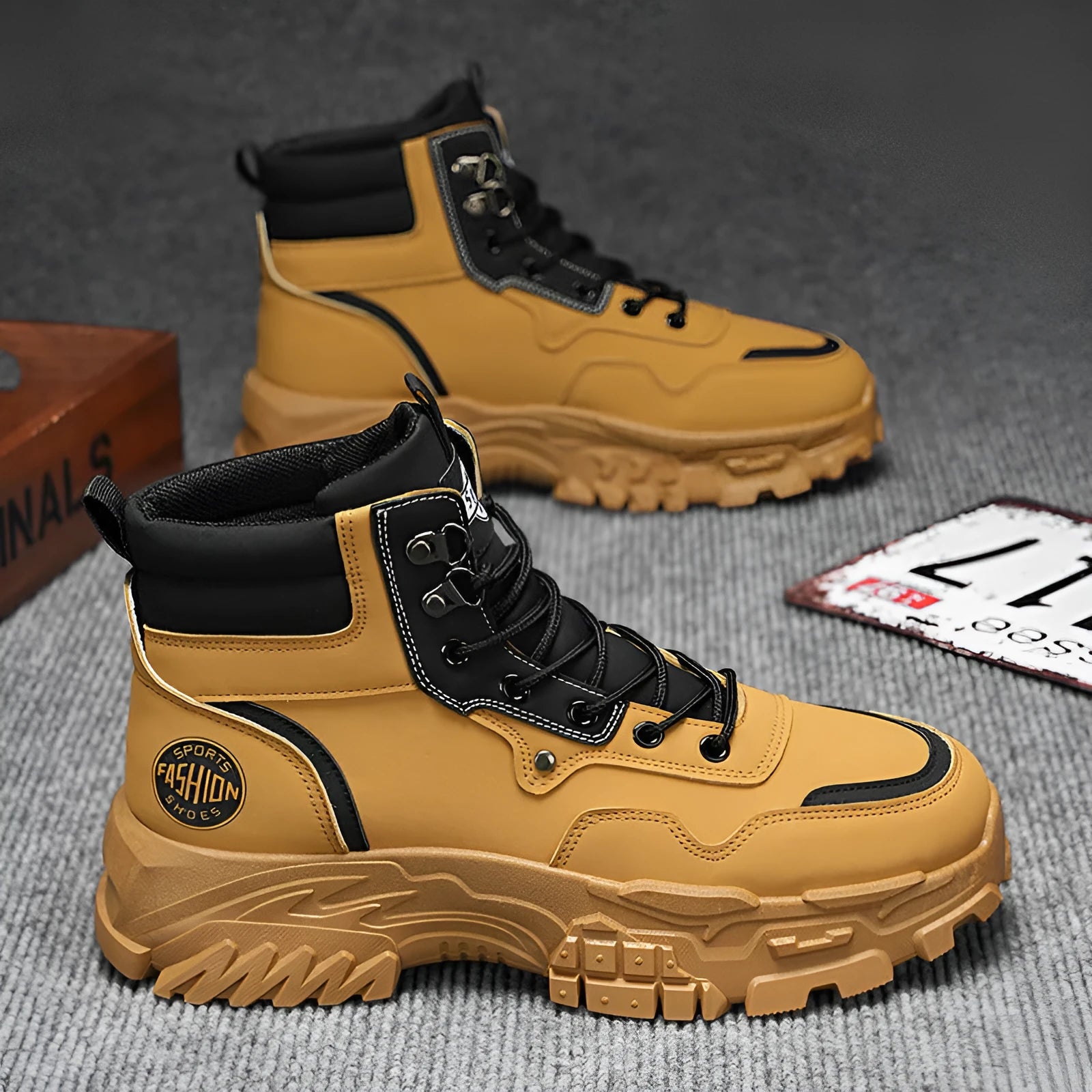 Men's black and yellow Martin boots with PU upper and injection moulded sole