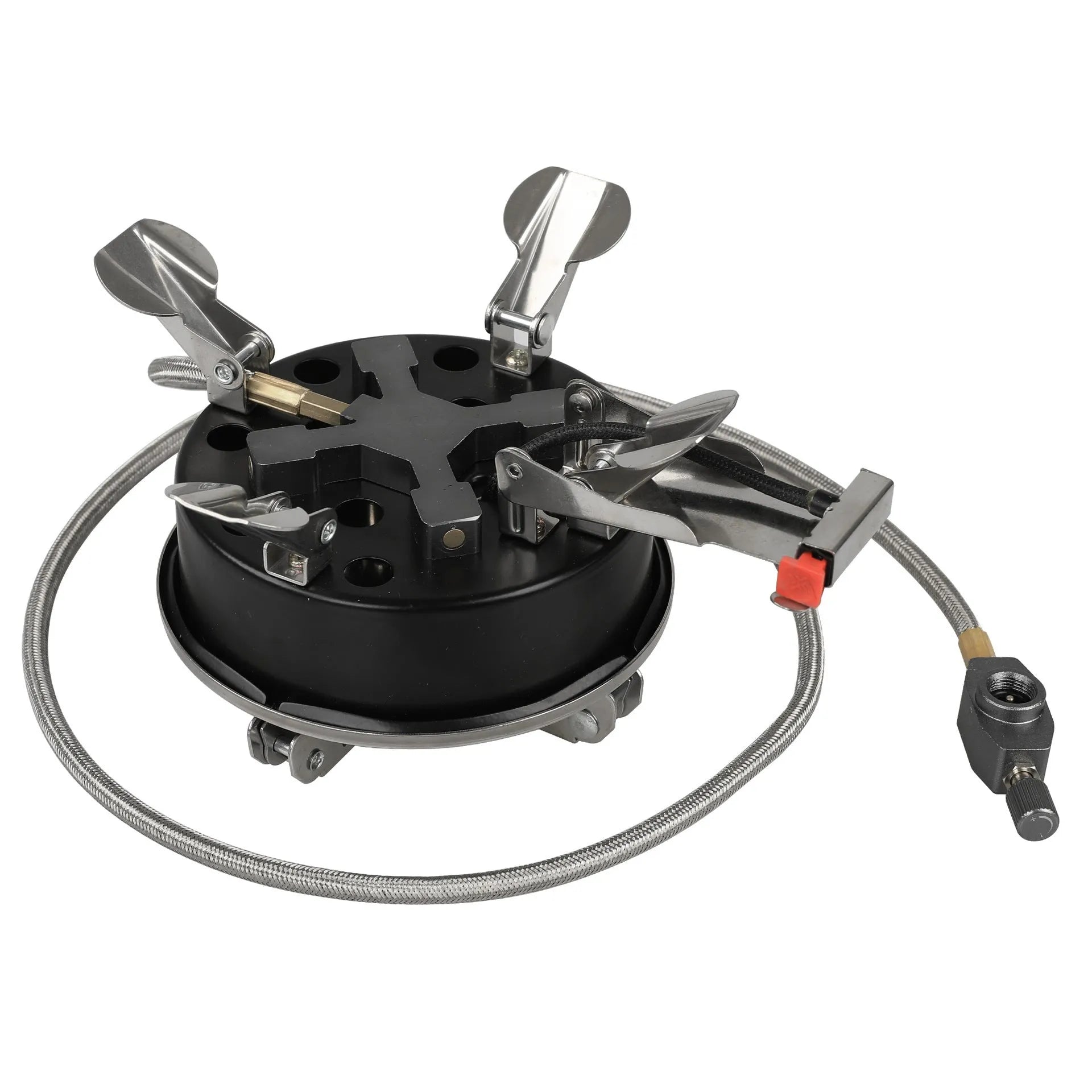 Silver stainless steel foldable split camping stove with copper fittings and extended hose