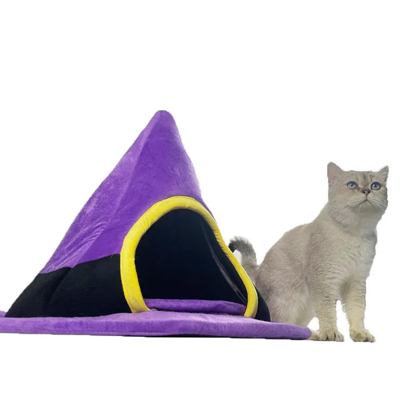 Purple Halloween witch hat-shaped cat nest pet bed measuring 60x46cm