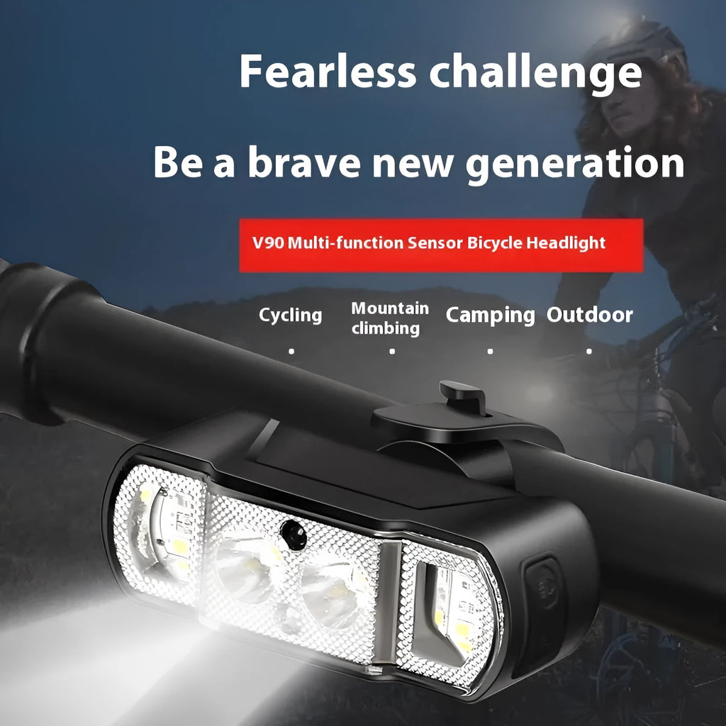 Black bicycle headlight with 350 lumen output and rechargeable battery mounted on handlebars
