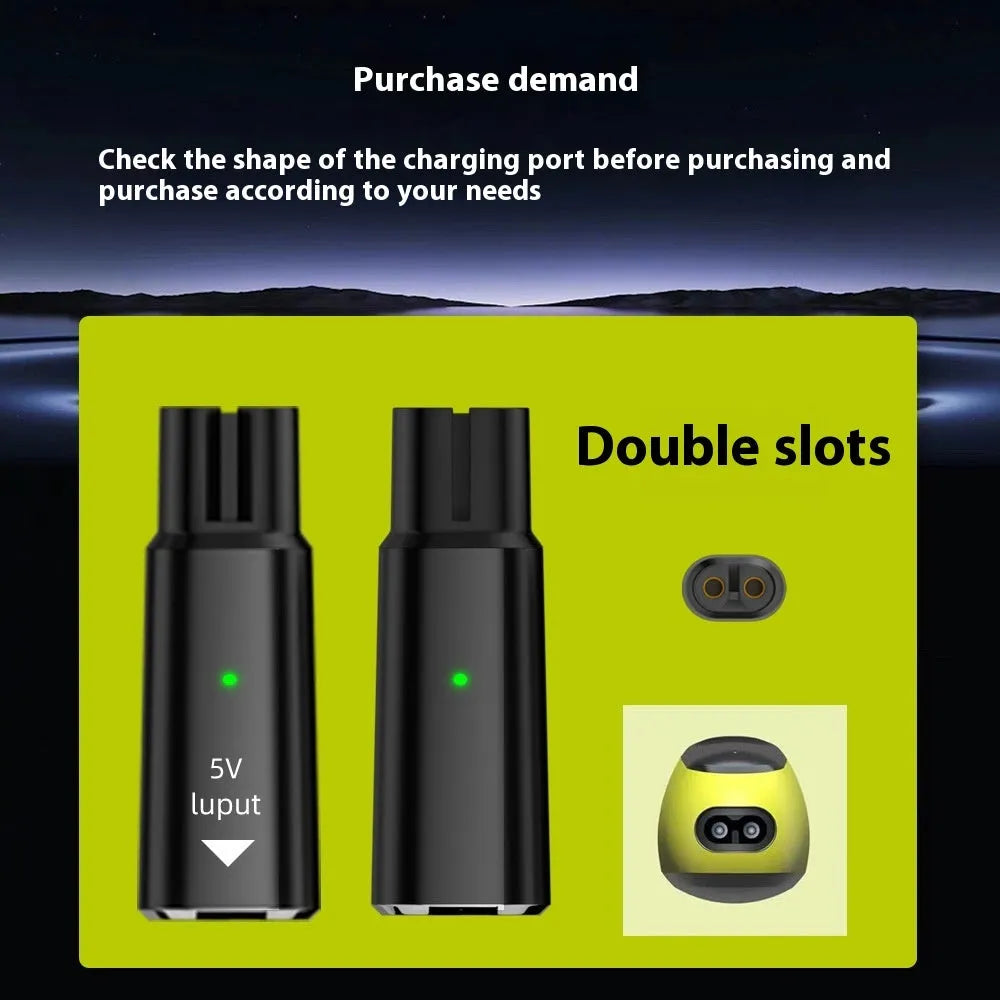 Black aluminium USB-C charging adapter for electric shavers with 8W 4.3V output.