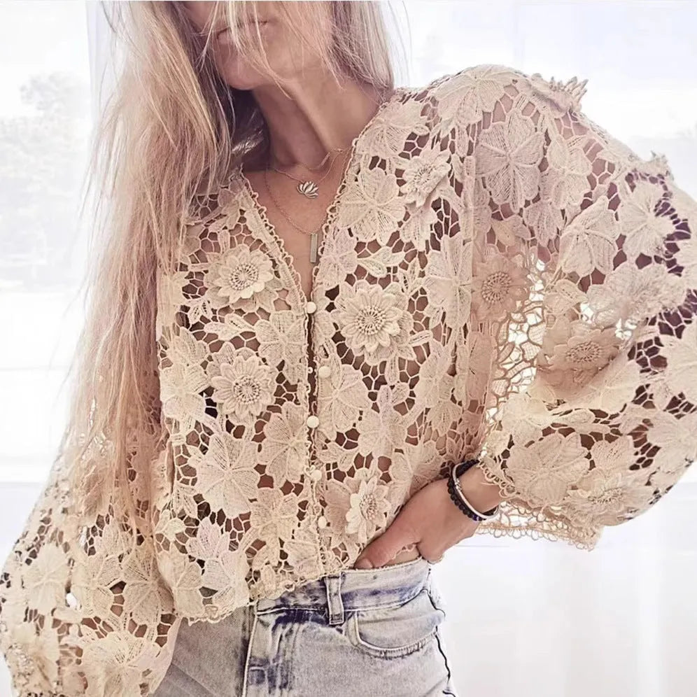 Women's loose polyester lace cardigan with three-dimensional flower decoration at V-neck and hollow long sleeves.