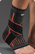Sports ankle support brace in black colour shown on ankle during athletic activity