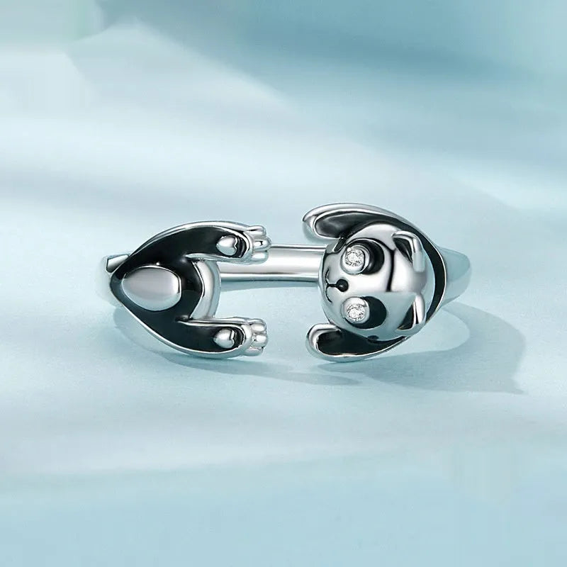 Sterling silver panda open ring bracelet with white gold plating and adjustable opening