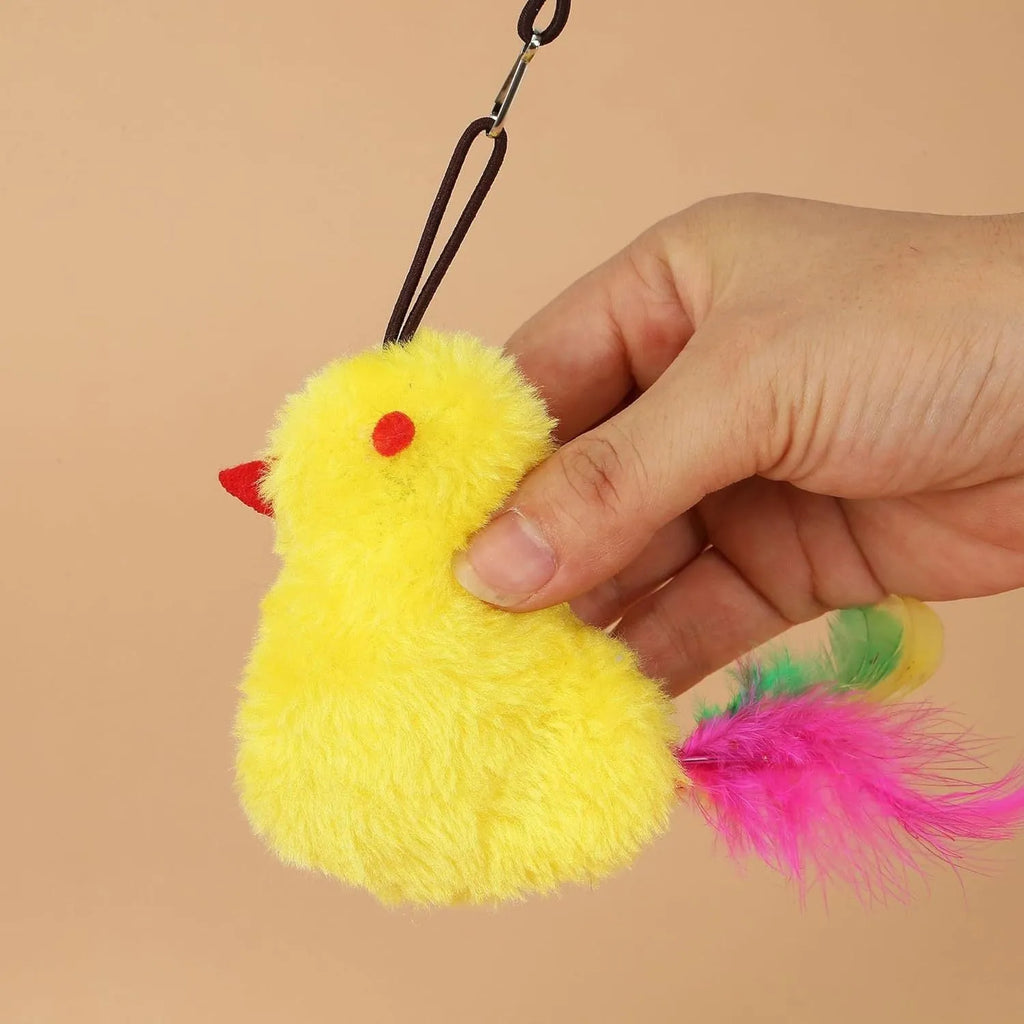 Grey and yellow interactive cat toy with dangling mouse, elastic rope, and treat dispenser for door frames