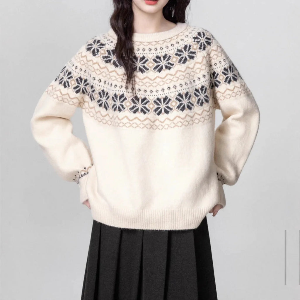 Milky white women's Fair Isle patterned knit sweater with loose fit and crew neck.