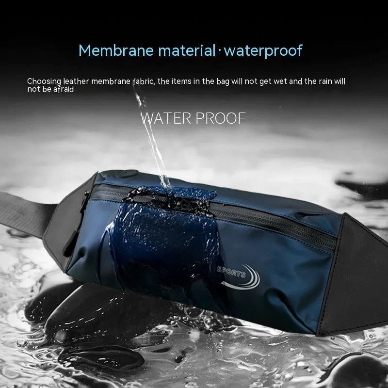 Men's blue waterproof polyester sports waist bag with adjustable strap.