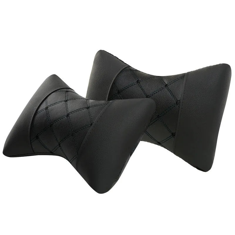 Quilted leather car headrest pillow with diamond pattern and contrast stitching for cervical support