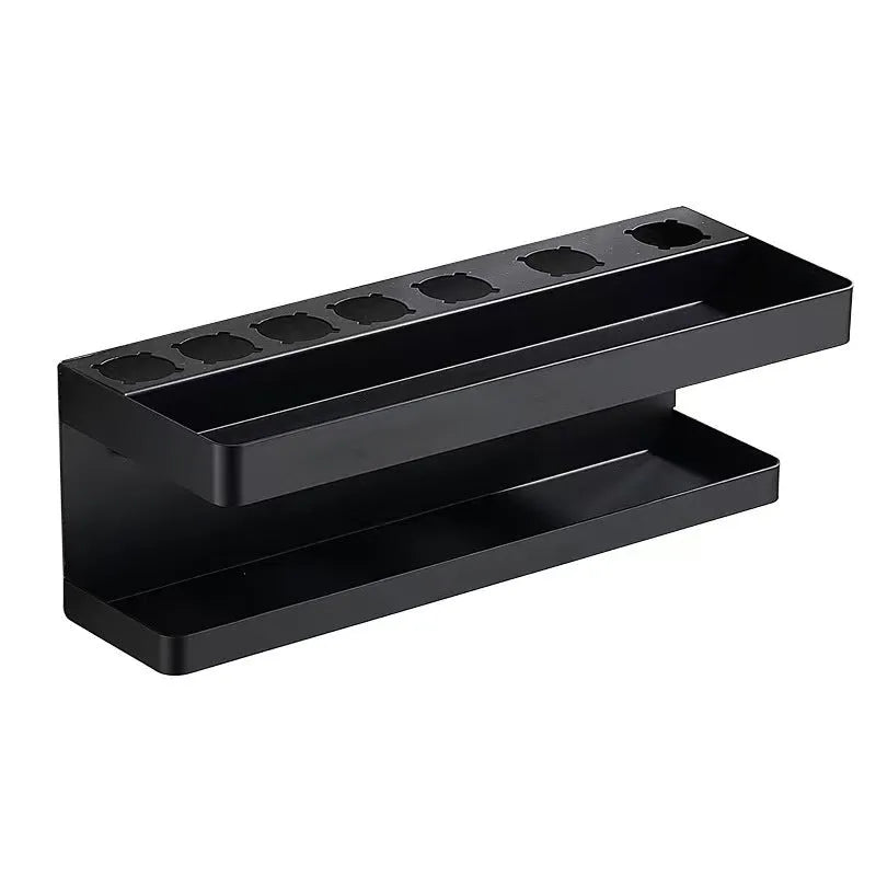 White punch-free double layer bathroom storage rack holding Marcel wavers and hair styling tools