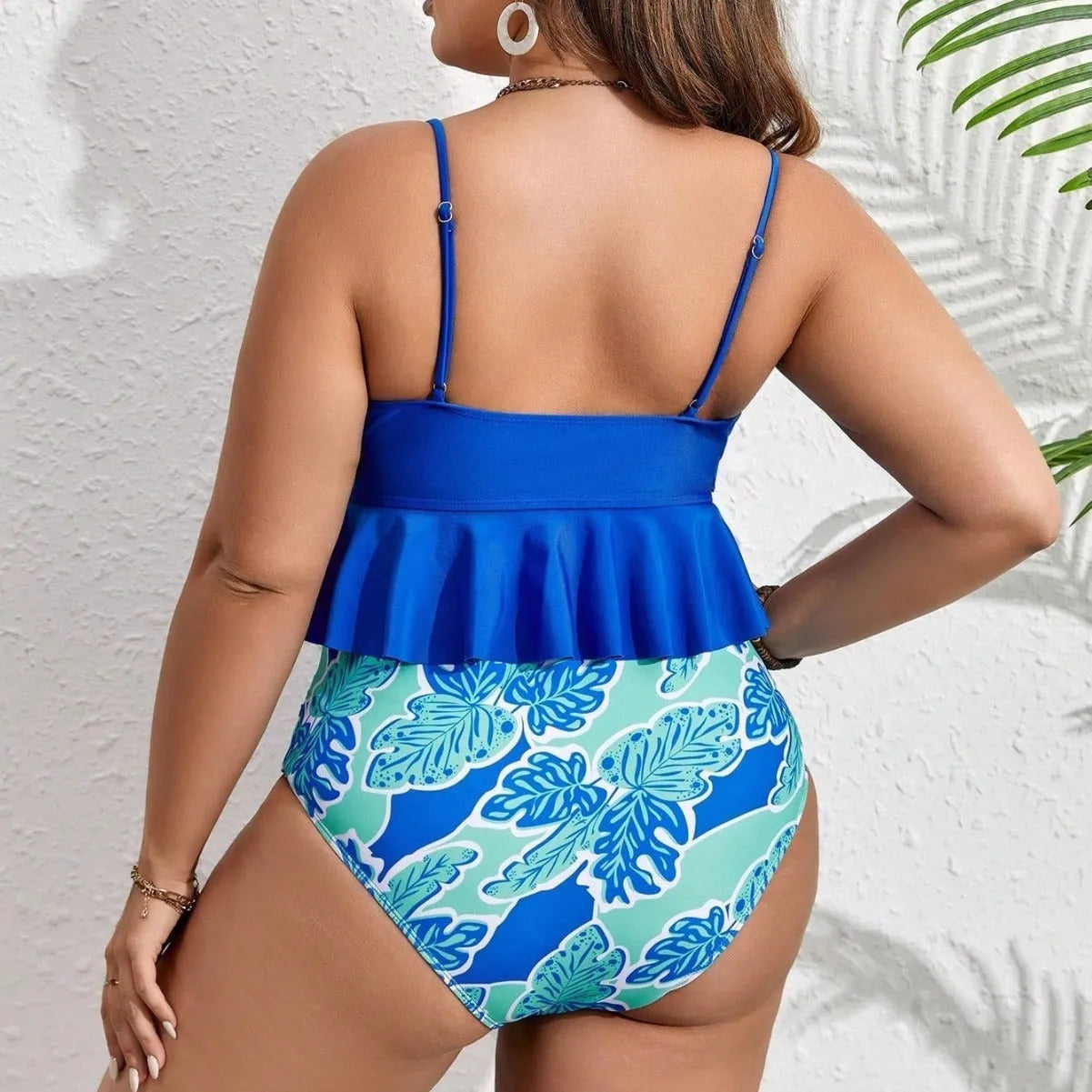 Blue women's polyester bikini set with briefs, sizes 0XL to 4XL