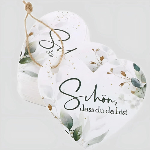 Fifty heart-shaped paper gift tags with floral design, shown in two colour style options.
