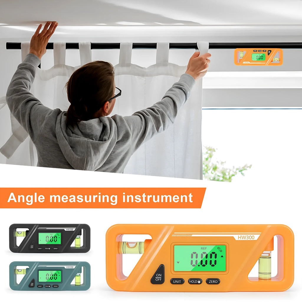 Digital magnetic inclinometer level meter showing angle reading on display, placed on a metal surface.