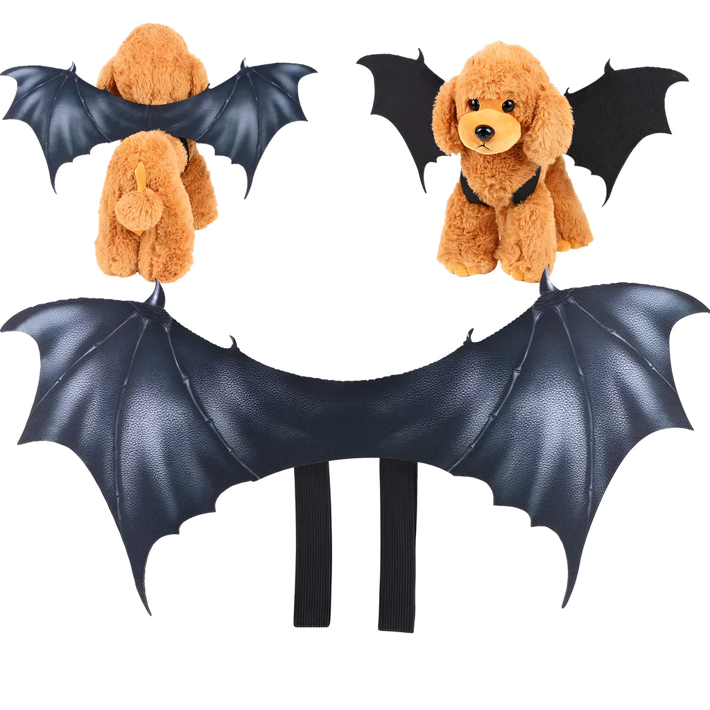 Black cloth bat wings Halloween costume for pets showing three size options: 64cm, 55cm, and 40cm wingspan