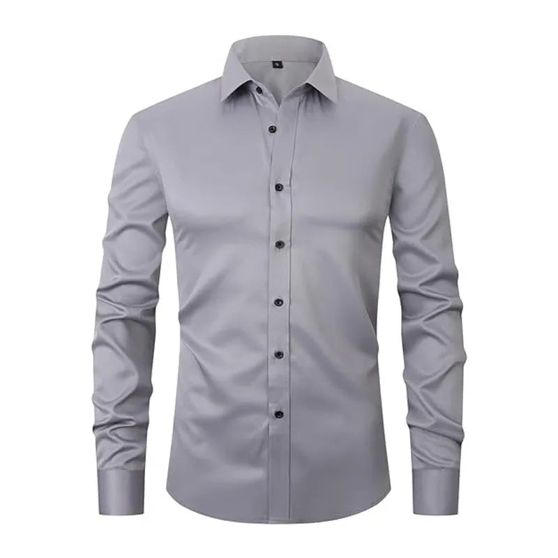 Men's stretch long sleeve shirt in polyester on a hanger, showing the button front and long sleeve design.