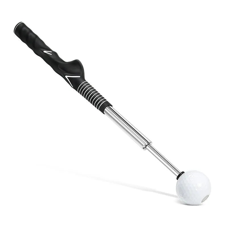 Telescopic stainless steel golf swing simulator trainer in black, blue, or red colour options.