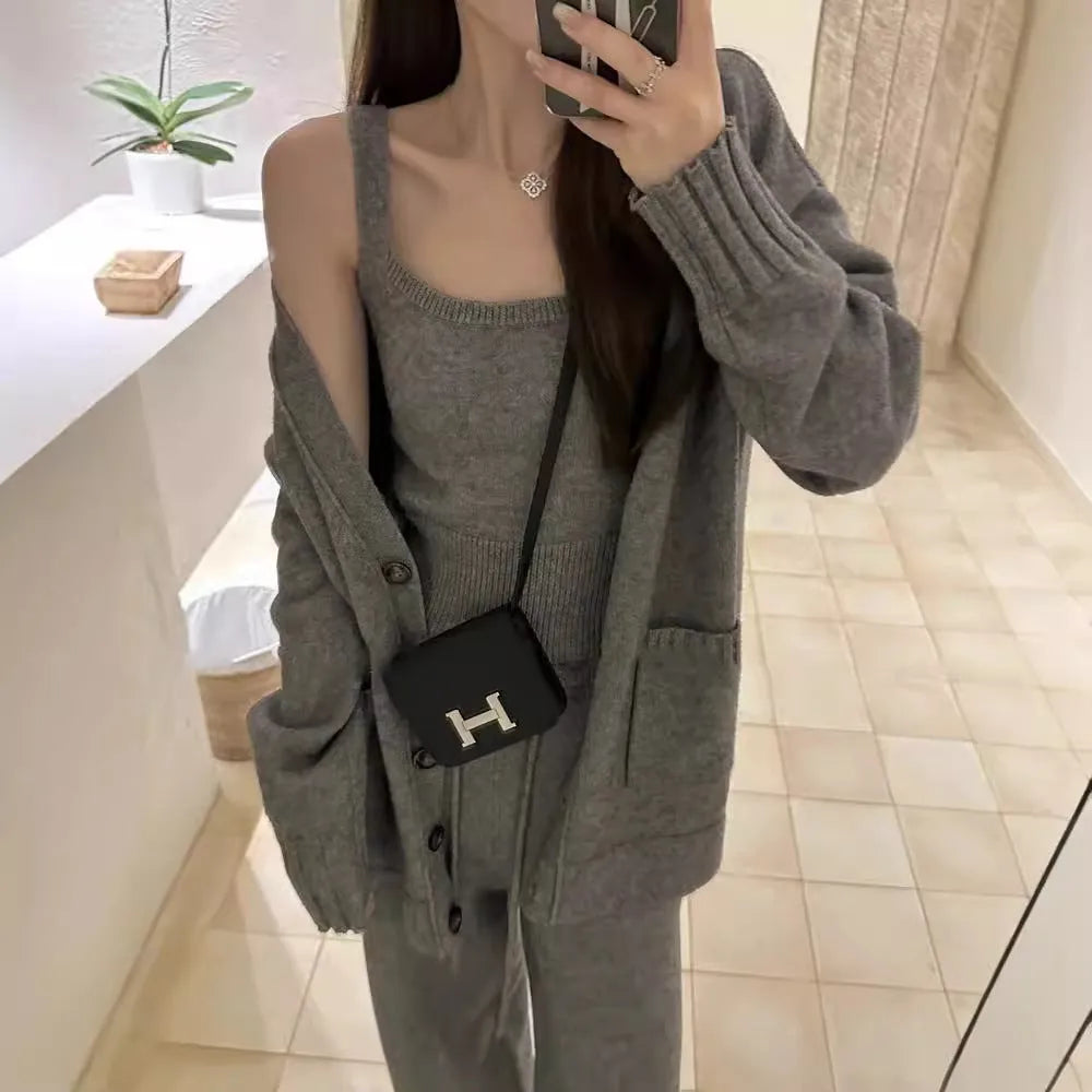 Women's knit cardigan suspender pants three-piece set in loose Japanese Korean casual style