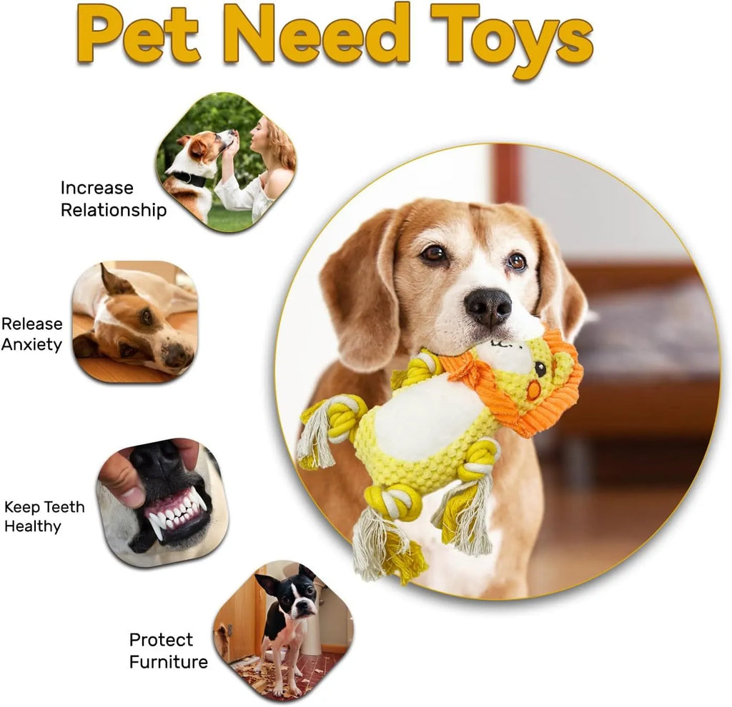 Lion and monkey plush squeaky dog toys bundle showing measured dimensions for medium to large breed dogs