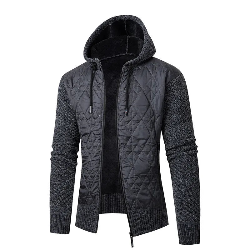 Men's grey hooded corduroy sweater coat with a cinched front, shown on a model.