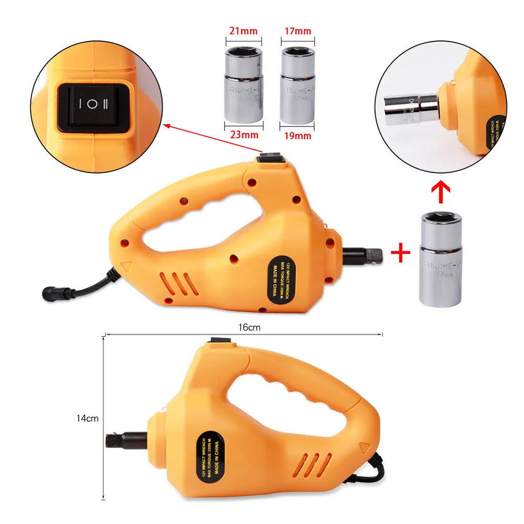 Yellow steel 12V electric car jack and wrench set for powered vehicle lifting and wheel nut removal.
