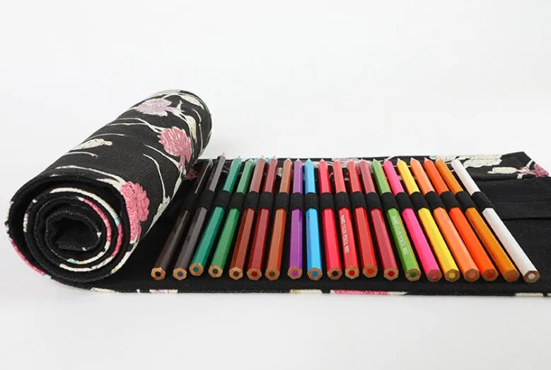 Square canvas rolling pencil case with ballet girl print, shown in multiple hole capacity sizes.