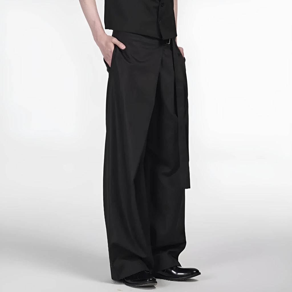 Black straight-leg trousers made from Tencel and cotton blend with a single pleat and adjustable waistband.