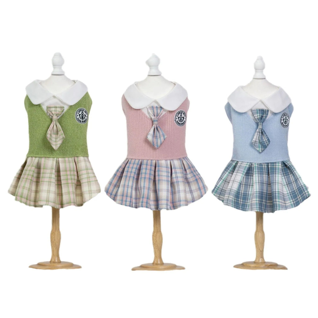 Tartan plaid skirt for a small dog or cat, shown in pink, blue, and green colour options.