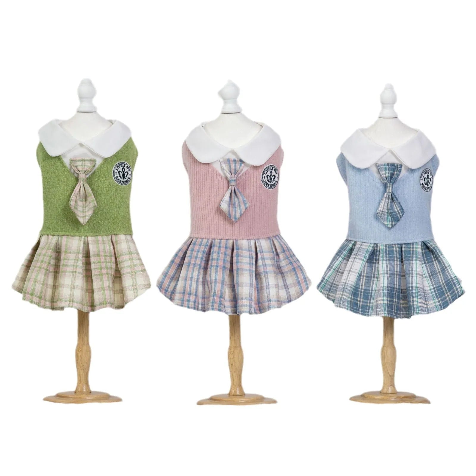 Tartan plaid skirt for a small dog or cat, shown in pink, blue, and green colour options.