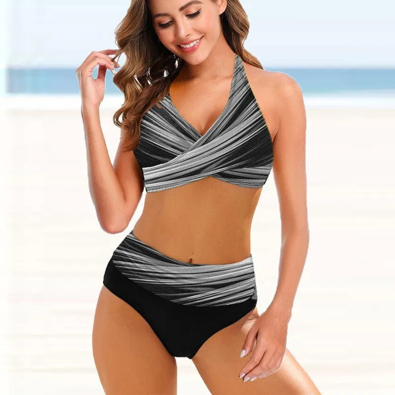 Striped tie-dye hollow design ladies bikini swimsuit in European and American briefs style