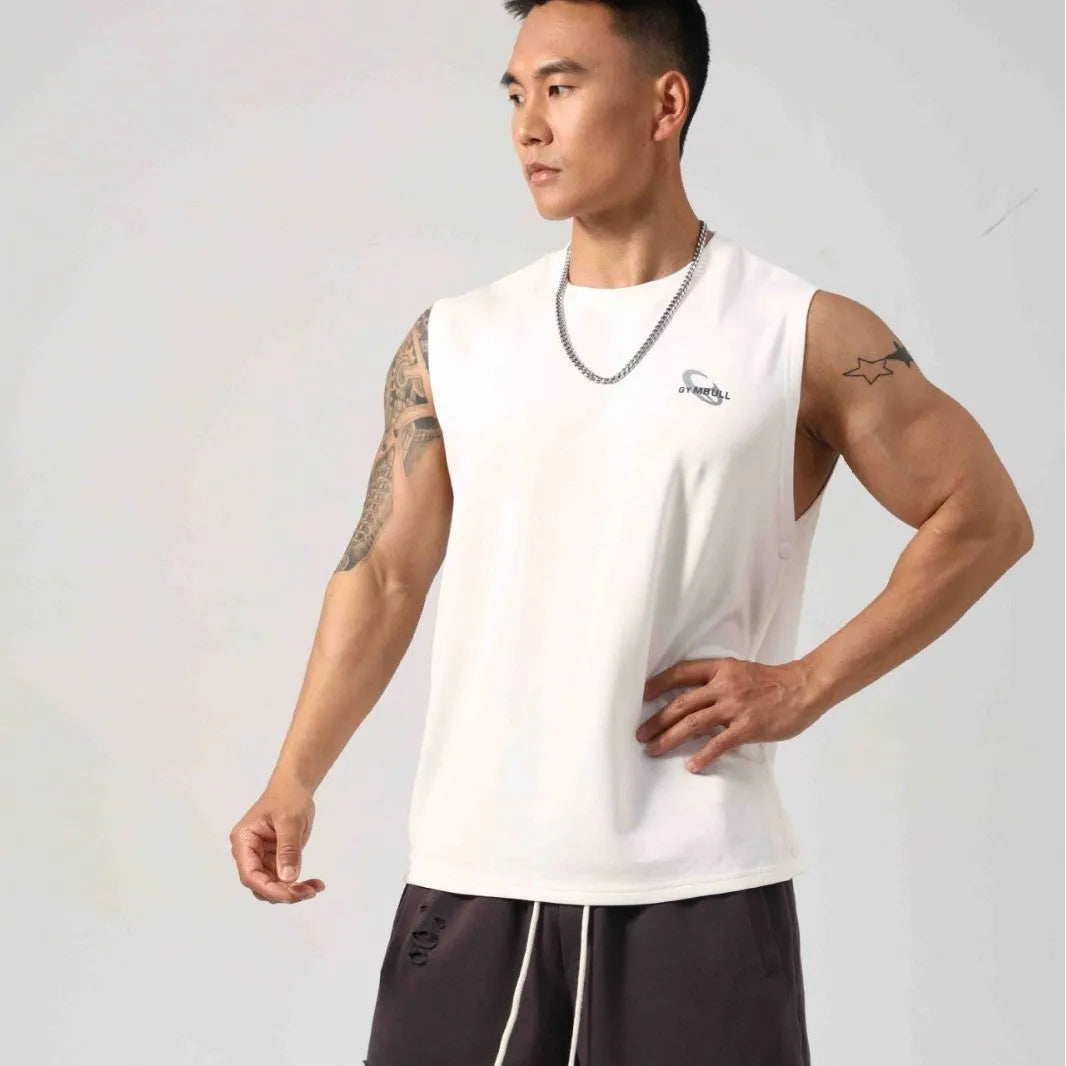 Korean style men's loose fit fitness vest with hidden hook side openings in solid cotton fabric
