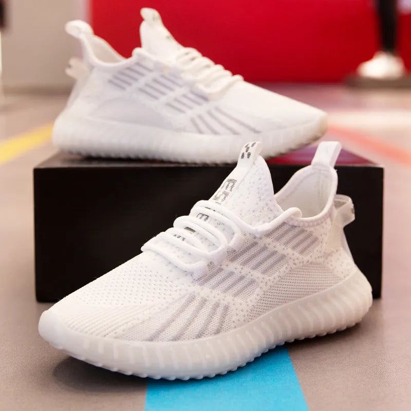 Men's breathable flying fabric sports shoes in white with mesh inner lining and platform heel