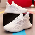 Men's breathable flying fabric sports shoes in white with mesh inner lining and platform heel