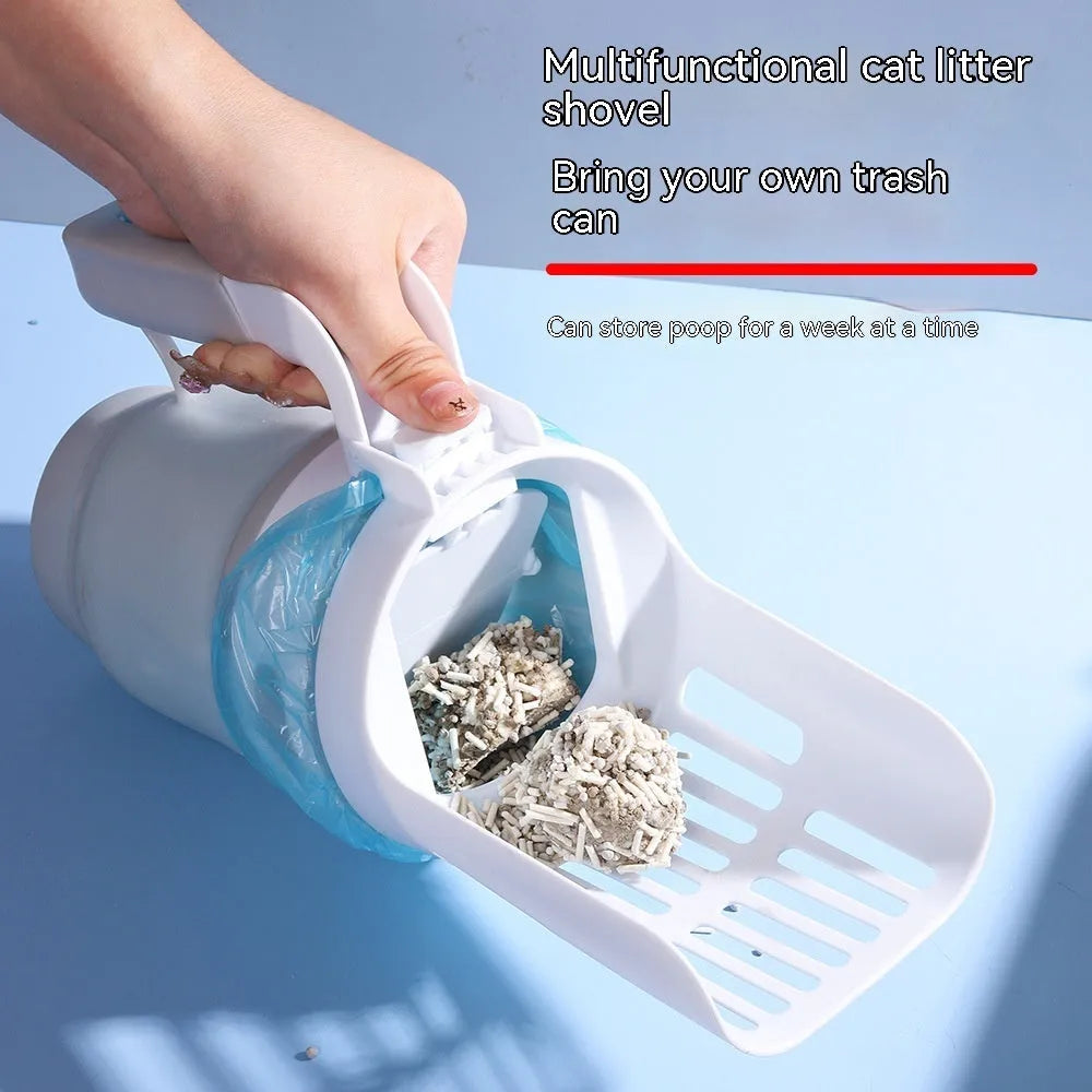 Grey blue green foldable cat litter scooper with waste bin system showing 2-in-1 design