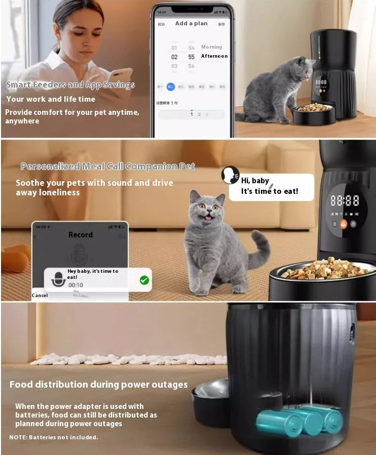 Intelligent automatic pet feeder with timer display and food reservoir in black or white colour options