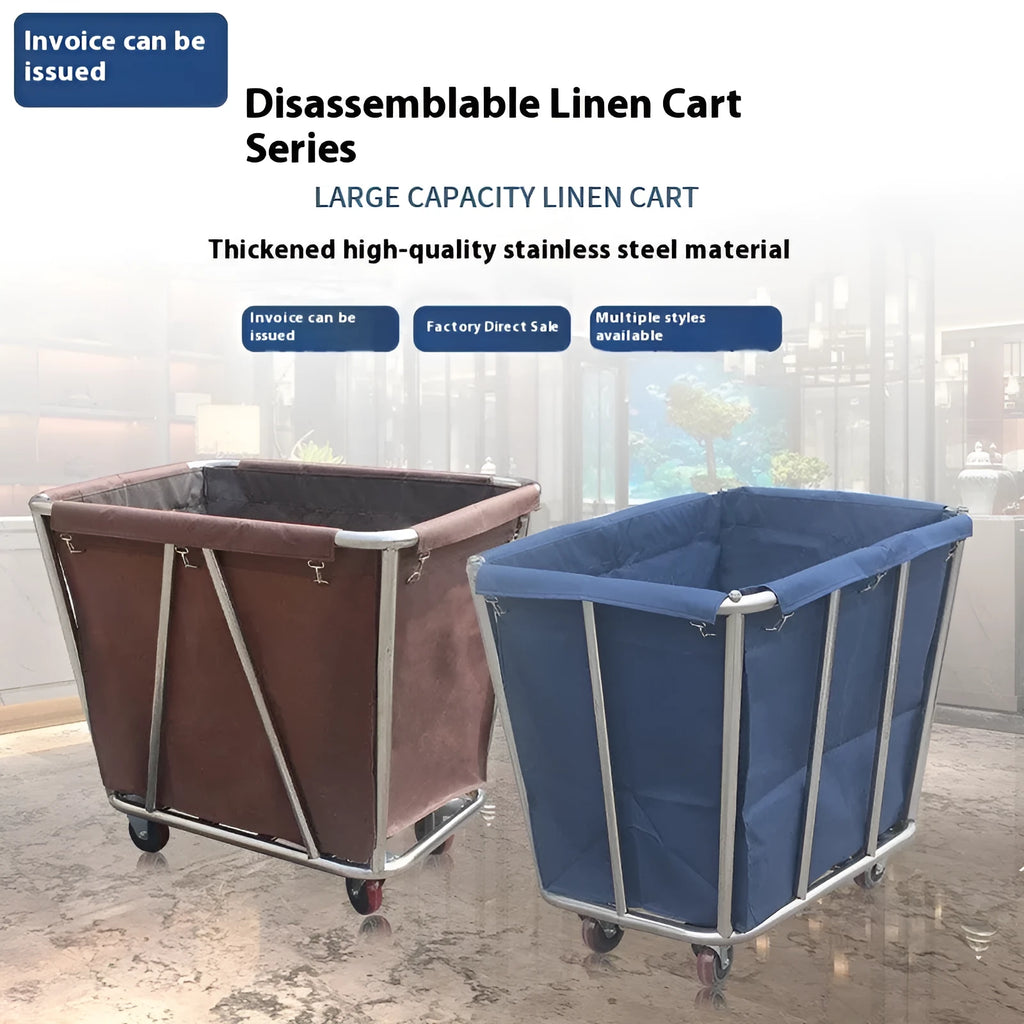 Stainless steel hotel linen trolley with blue bag and multiple tubes for housekeeping use