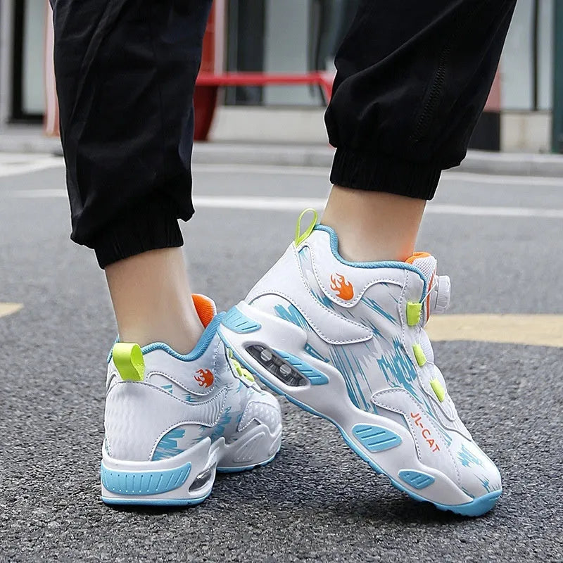 Children's rotating button basketball shoes in multiple colours with synthetic leather upper and PU sole.
