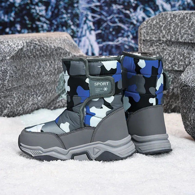 High-top camouflage unisex kids cotton shoes with hook and loop closure on a child