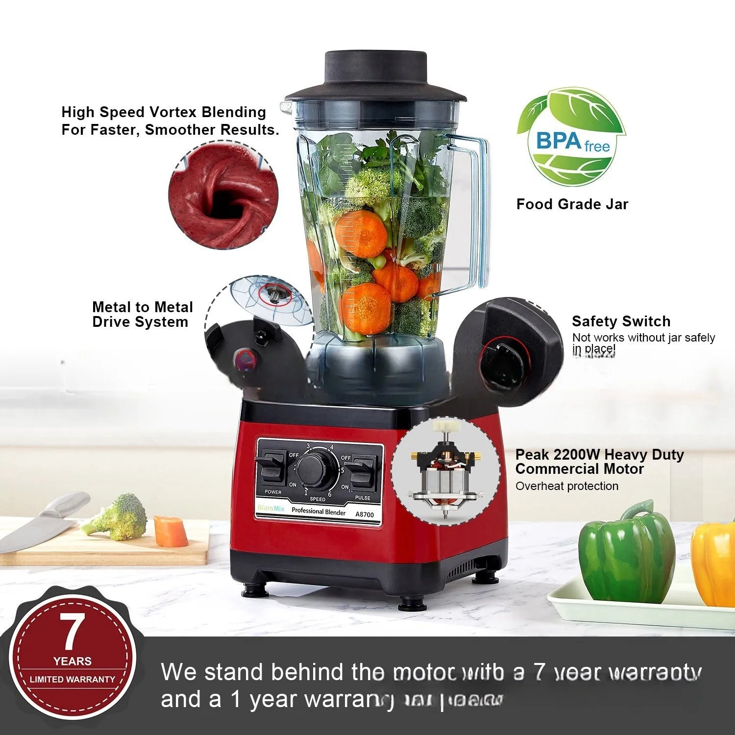 Red commercial blender with 2200W power and 2-litre capacity for professional kitchens