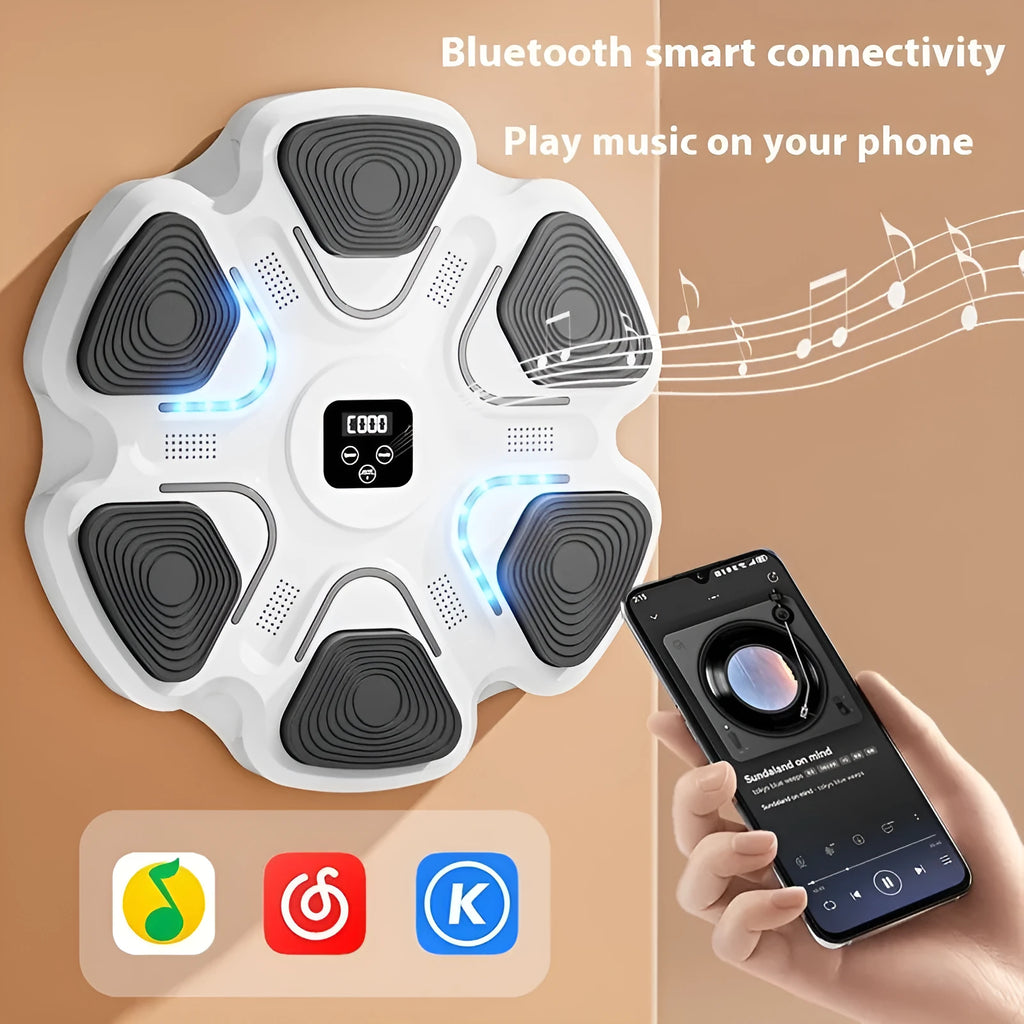 Smart electronic boxing wall target with lights, paired with black and white smart music focus gloves for adults and children.