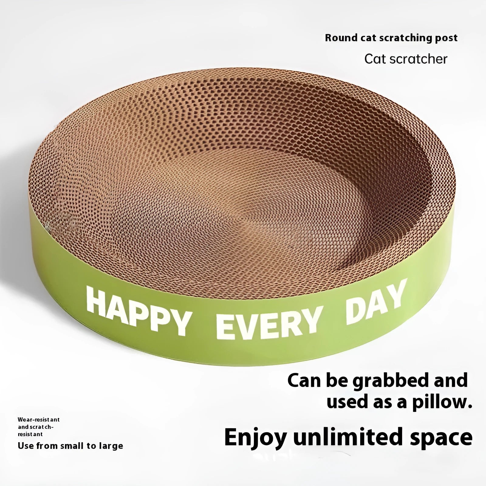 Green round cat scratching board nest showing combined cat bed and scratching surface