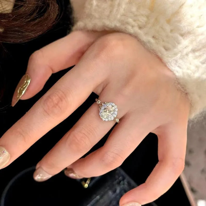 Silver adjustable opening ring with geometric diamond bouquet design for women