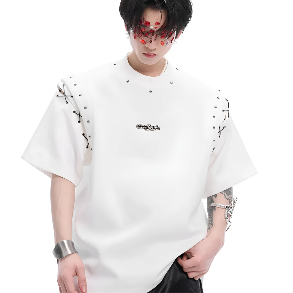 Deconstructed lace-up cutout short sleeve t-shirt in black or white, cotton-polyester blend